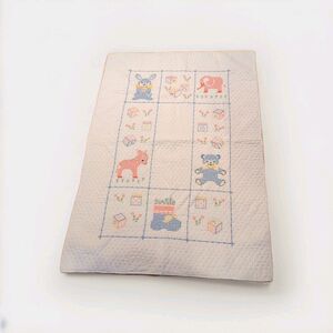 Vintage Cross Stitch Baby Quilt Blanket Blocks Bunny Elephant Bear Flowers